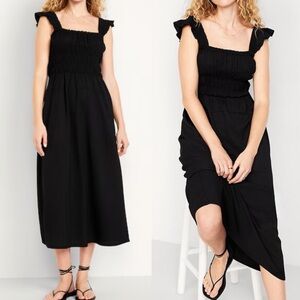 Old Navy Fit & Flare Lightweight Smocked Midi Dress Black NWT